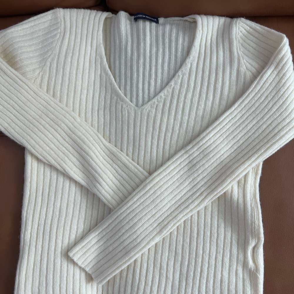 Brandy Melville Cream V-Neck Ribbed Sweater